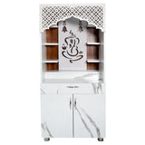 Modern White Marble Finish Mandir with LED Ganesh Design – 130x60x34 cm | Wooden Temple for Home with Storage