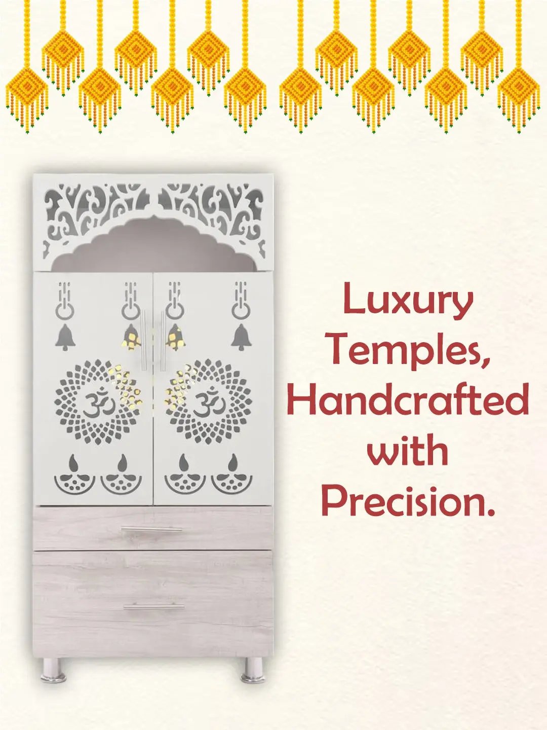 White Wooden Mandir with Dual Drawers & Decorative Jaali Design