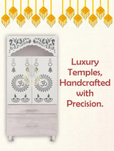 White Wooden Mandir with Dual Drawers & Decorative Jaali Design