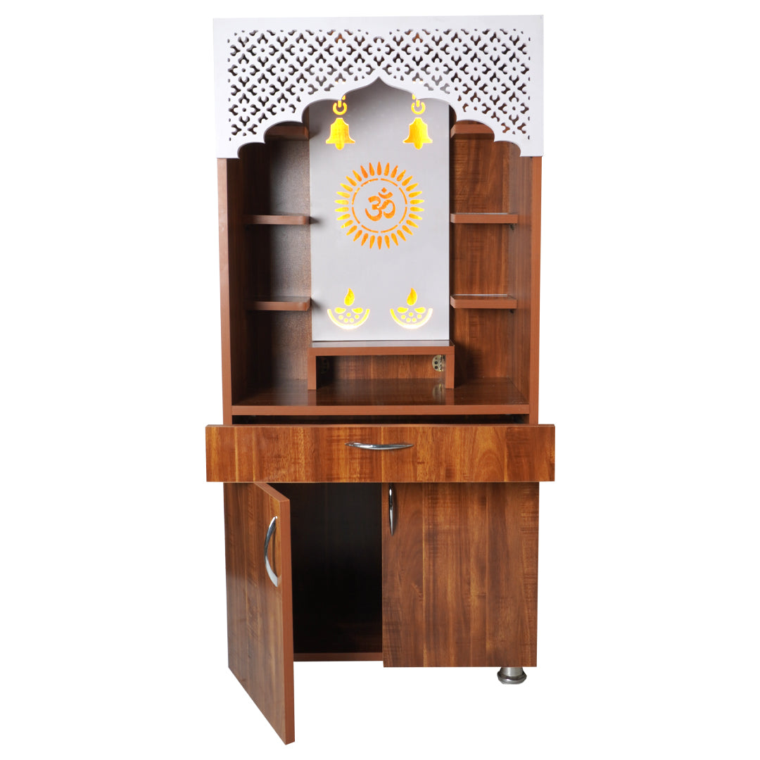Luxury LED Pooja Mandir for Home – White Marble & Brown Wooden Finish Temple with Storage (130x60x34 cm)