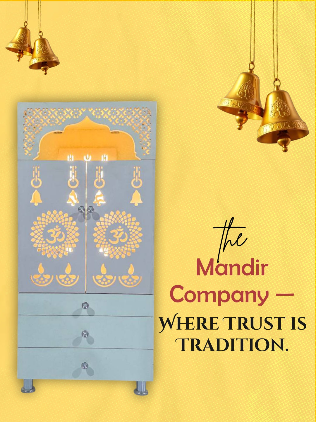 Modern White Wooden Mandir with LED Backlight & 3 Storage Drawers