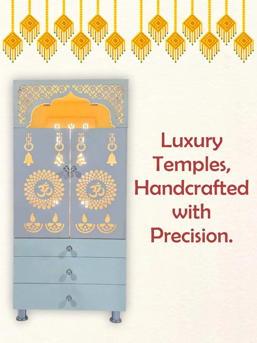 Modern White Wooden Mandir with LED Backlight & 3 Storage Drawers