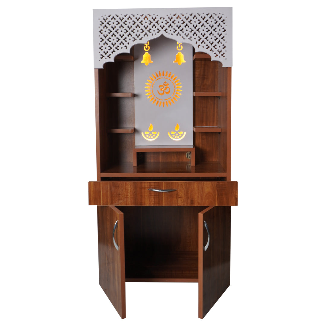 Luxury LED Pooja Mandir for Home – White Marble & Brown Wooden Finish Temple with Storage (130x60x34 cm)
