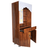 LED Wooden Mandir for Home – White & Brown Finish Temple with Shri Om Design (130x60x34 cm) | Modern Pooja Mandir with Storage