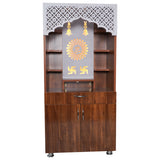 Modern Wooden Mandir with LED Light – White & Brown Finish Temple for Home (130x60x34 cm) | Pooja Mandir with Storage Cabinet