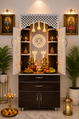 Wooden Home Mandir with LED Light & Storage Drawers – White, Brown & Black Temple Unit (145x60x34 cm) Modern Pooja Cabinet
