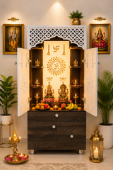 Wooden Pooja Mandir for Home with LED Light & Storage | Modern Temple Cabinet with Drawer & Shelves