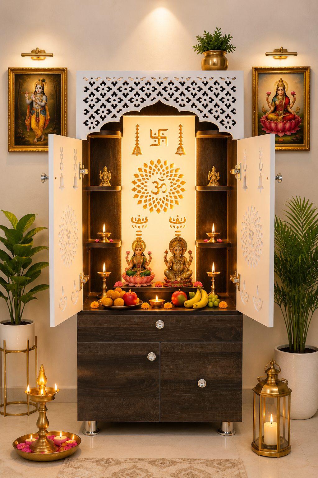 Wooden Pooja Mandir for Home with LED Light & Storage | Modern Temple Cabinet with Drawer & Shelves
