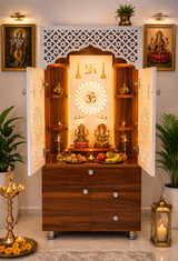 Wooden Pooja Mandir for Home with LED Light & Storage | Modern Temple Cabinet with Drawer & Shelves