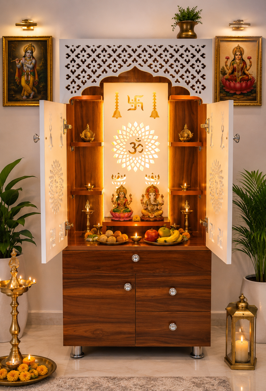 Wooden Pooja Mandir for Home with LED Light & Storage | Modern Temple Cabinet with Drawer & Shelves