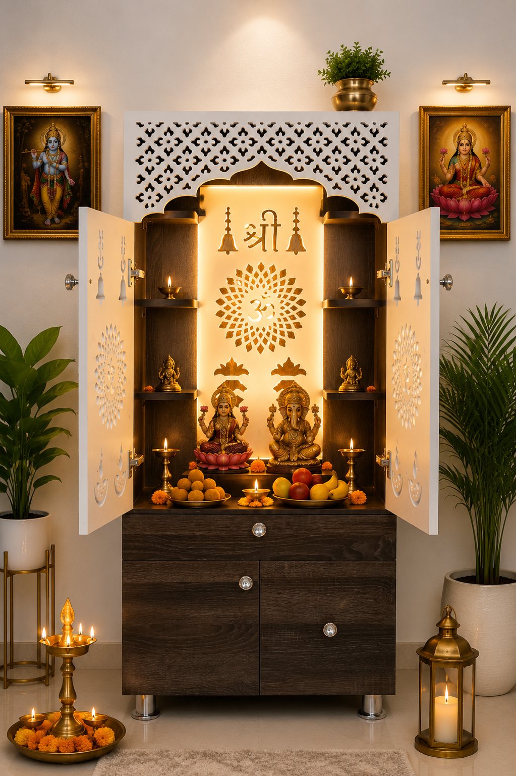 Modern Wooden Mandir with LED Panel & Storage Drawers | Brown & Black Pooja Cabinet (130x60x34 cm)
