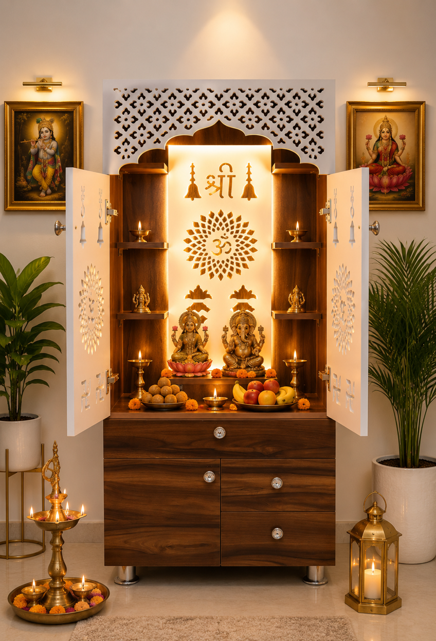 Modern Wooden Mandir with LED Panel & Storage Drawers | Brown & Black Pooja Cabinet (130x60x34 cm)