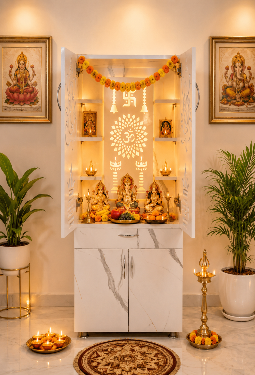 Wooden Mandir for Home with LED Light & Storage | Modern Pooja Cabinet with Ganesh Design & Marble Finish