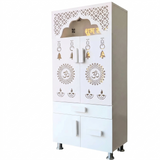 LED Backlit Wooden Mandir with Doors & Drawer Storage | White & Brown Pooja Temple Unit (130x60x34 cm)
