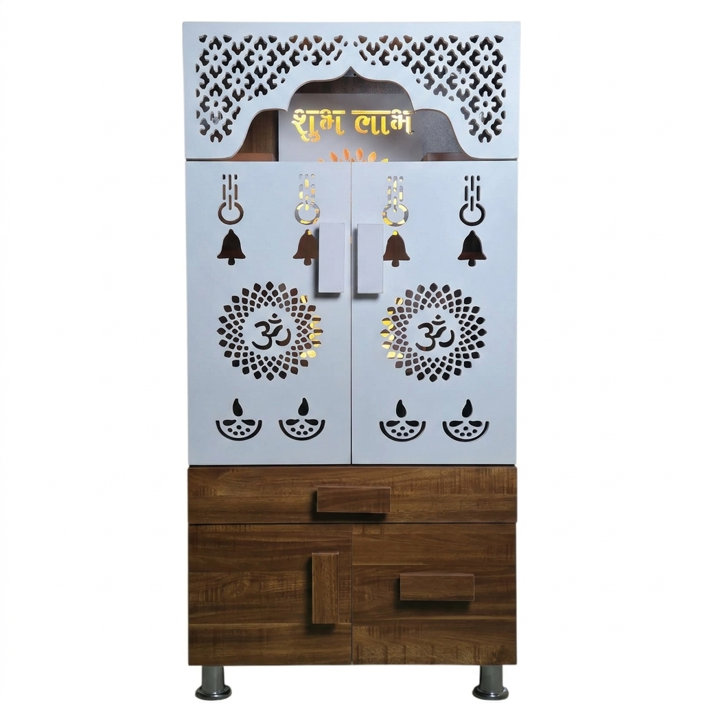 LED Backlit Wooden Mandir with Doors & Drawer Storage | White & Brown Pooja Temple Unit (130x60x34 cm)