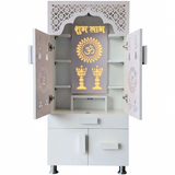 LED Backlit Wooden Mandir with Doors & Drawer Storage | White & Brown Pooja Temple Unit (130x60x34 cm)