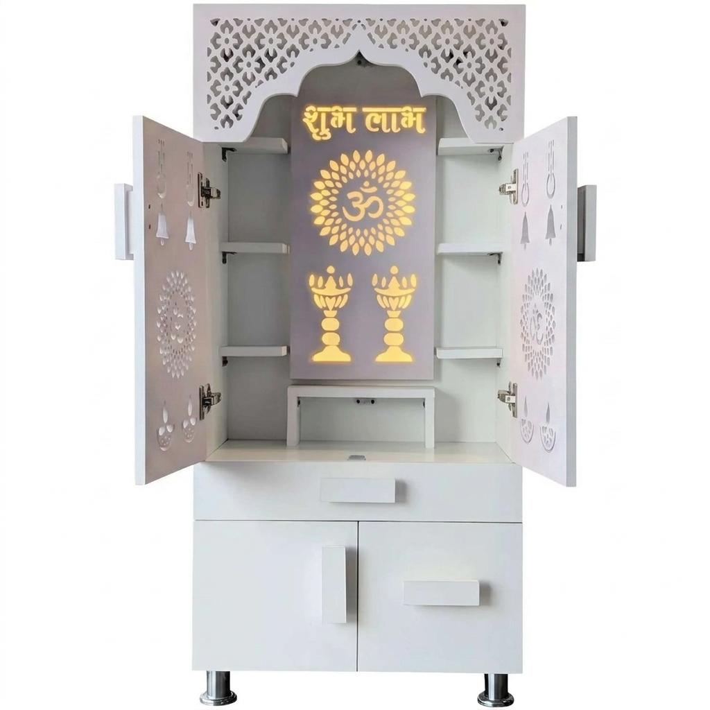 LED Backlit Wooden Mandir with Doors & Drawer Storage | White & Brown Pooja Temple Unit (130x60x34 cm)