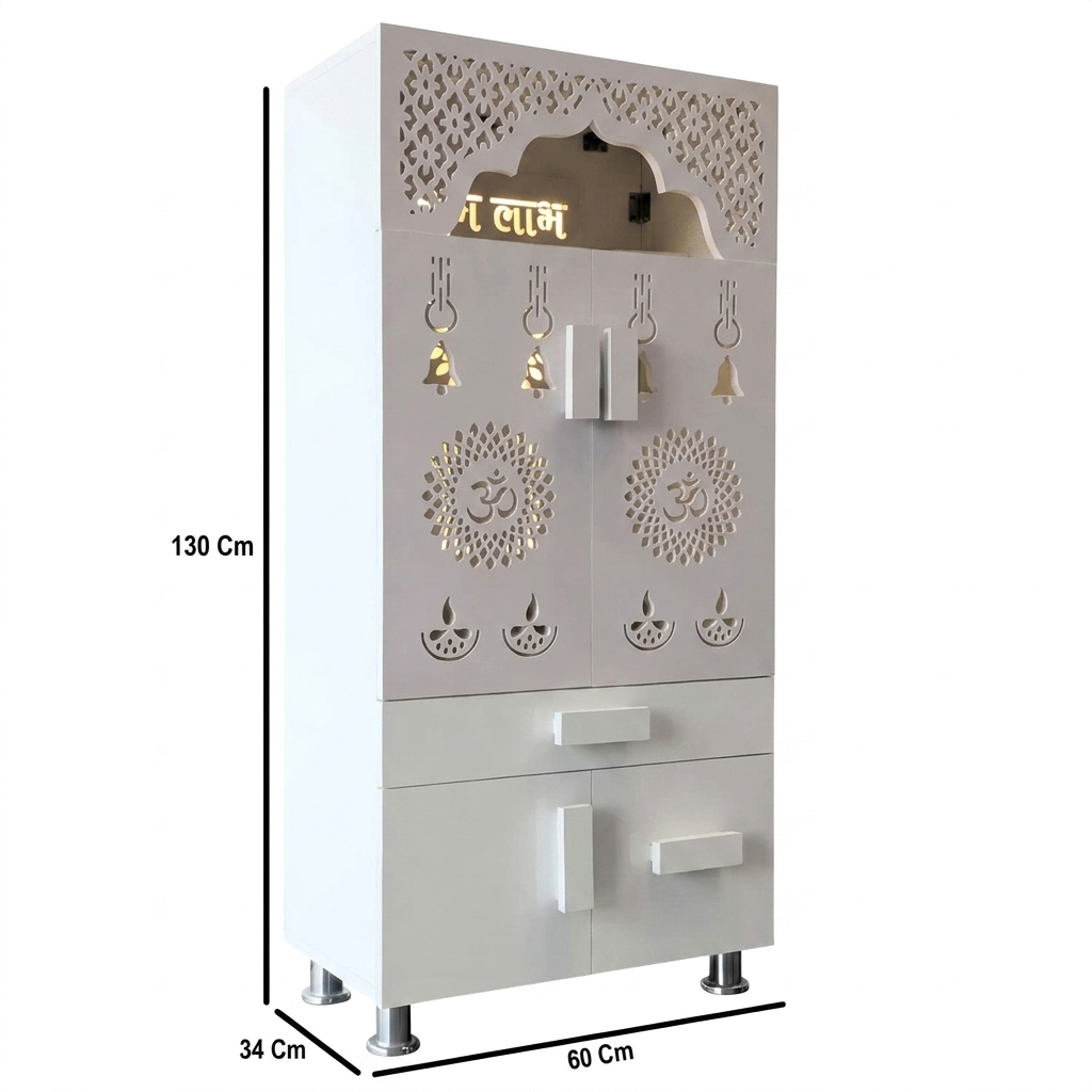 LED Backlit Wooden Mandir with Doors & Drawer Storage | White & Brown Pooja Temple Unit (130x60x34 cm)