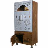 LED Backlit Wooden Mandir with Doors & Drawer Storage | White & Brown Pooja Temple Unit (130x60x34 cm)