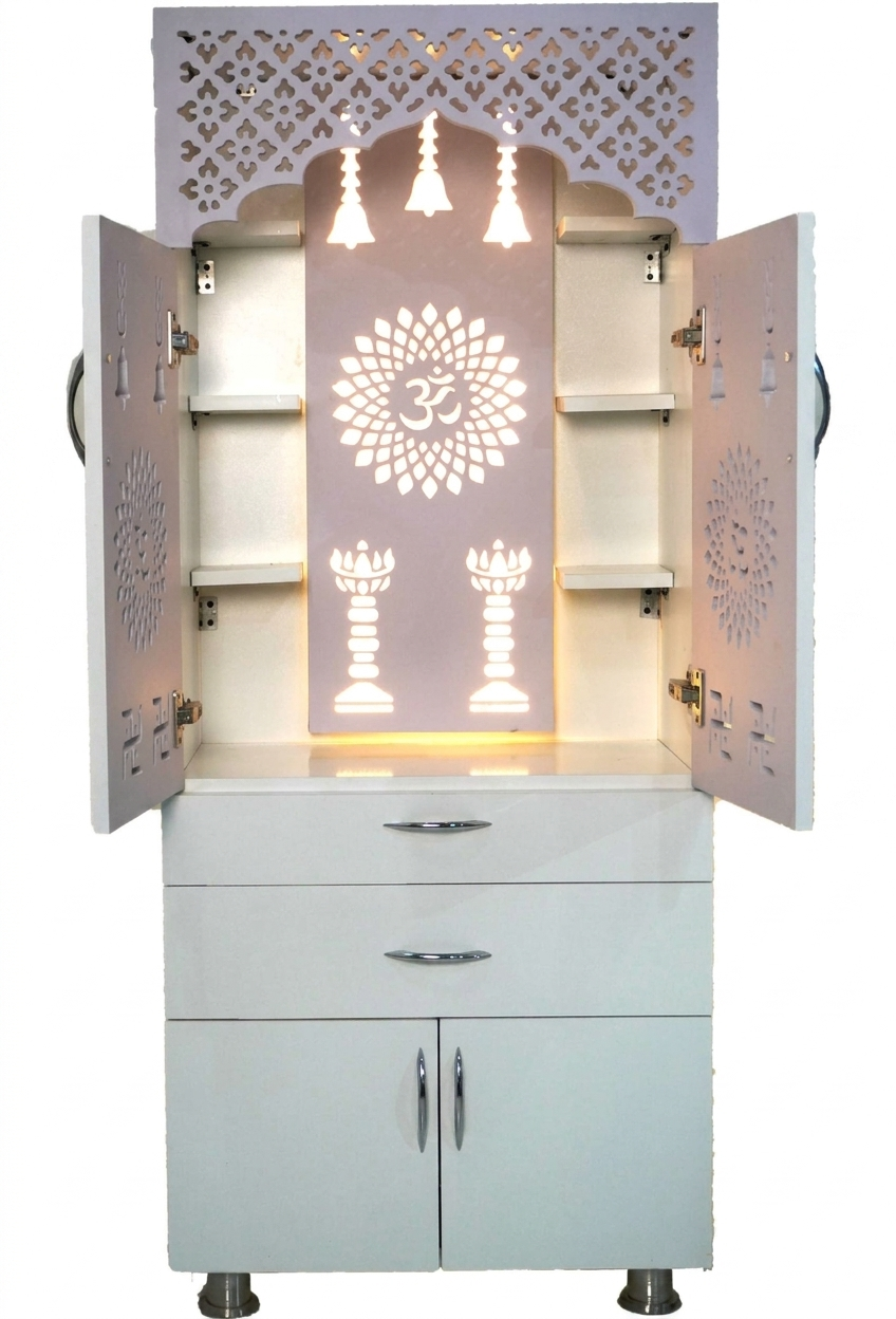 Wooden Home Mandir with LED Light & Storage Drawers – White, Brown & Black Temple Unit (145x60x34 cm) Modern Pooja Cabinet