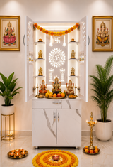 Modern Wooden Mandir for Home with LED Om Panel & Hanging Bells | Designer White Pooja Cabinet with Storage Drawer
