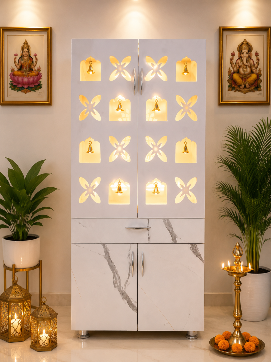 Premium Wooden Mandir for Home with LED Om Swastik Panel & Designer Bell Doors | Modern White Pooja Cabinet with Storage