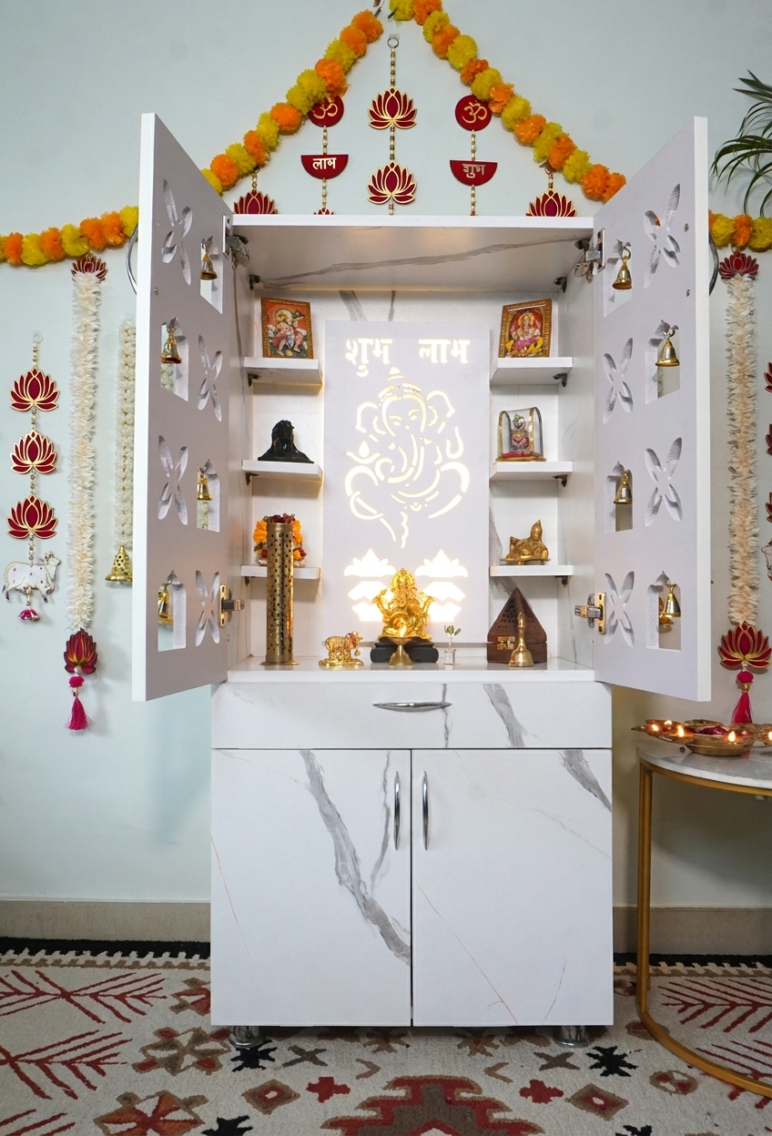Designer Wooden Mandir for Home with LED Ganesh & Shubh Labh Panel | Premium White Pooja Cabinet with Multi Bells & Storage