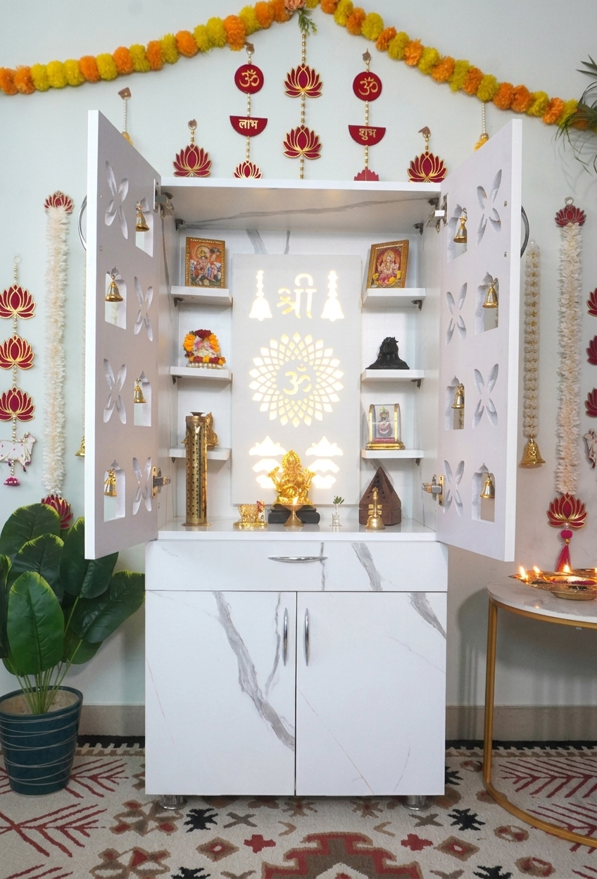 Luxury Wooden Mandir for Home with LED Shree Om Panel & Designer Bell Doors | Modern White Pooja Cabinet with Storage