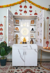 Luxury Wooden Mandir for Home with LED Shree Om Panel & Designer Bell Doors | Modern White Pooja Cabinet with Storage