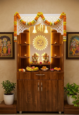 LED Wooden Mandir for Home – White & Brown Finish Temple with Shri Om Design (130x60x34 cm) | Modern Pooja Mandir with Storage