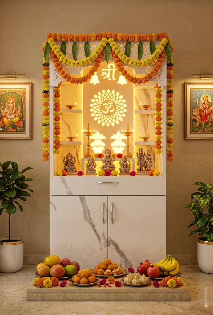 LED Wooden Mandir for Home – White & Brown Finish Temple with Shri Om Design (130x60x34 cm) | Modern Pooja Mandir with Storage