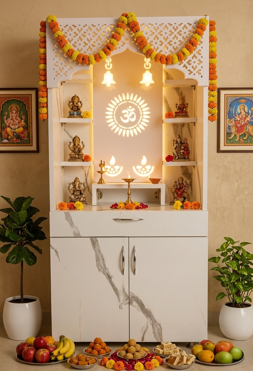 Luxury LED Pooja Mandir for Home – White Marble & Brown Wooden Finish Temple with Storage (130x60x34 cm)