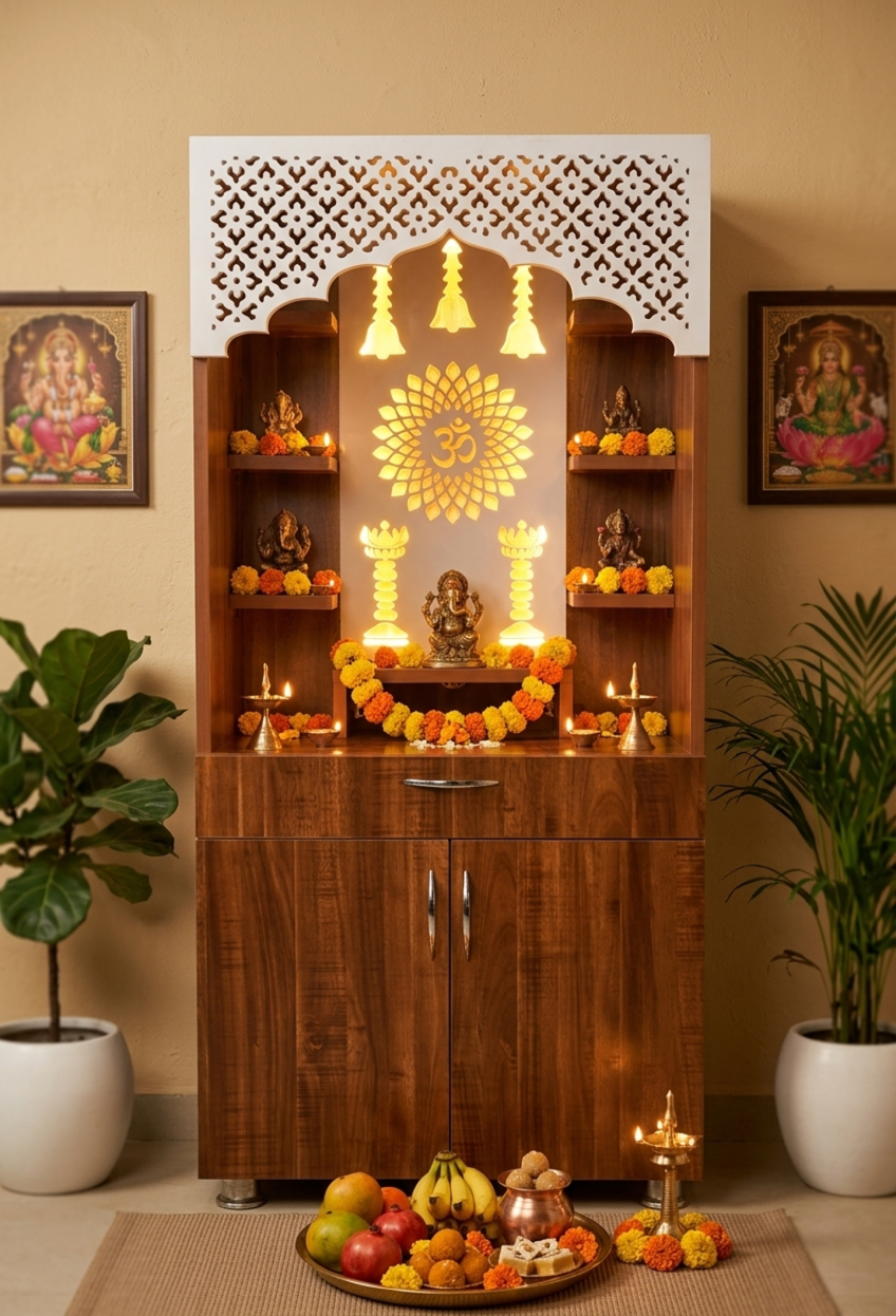 Wooden Mandir with LED Back Panel – White & Brown Finish Pooja Temple for Home (130x60x34 cm) | Designer Mandir with Storage