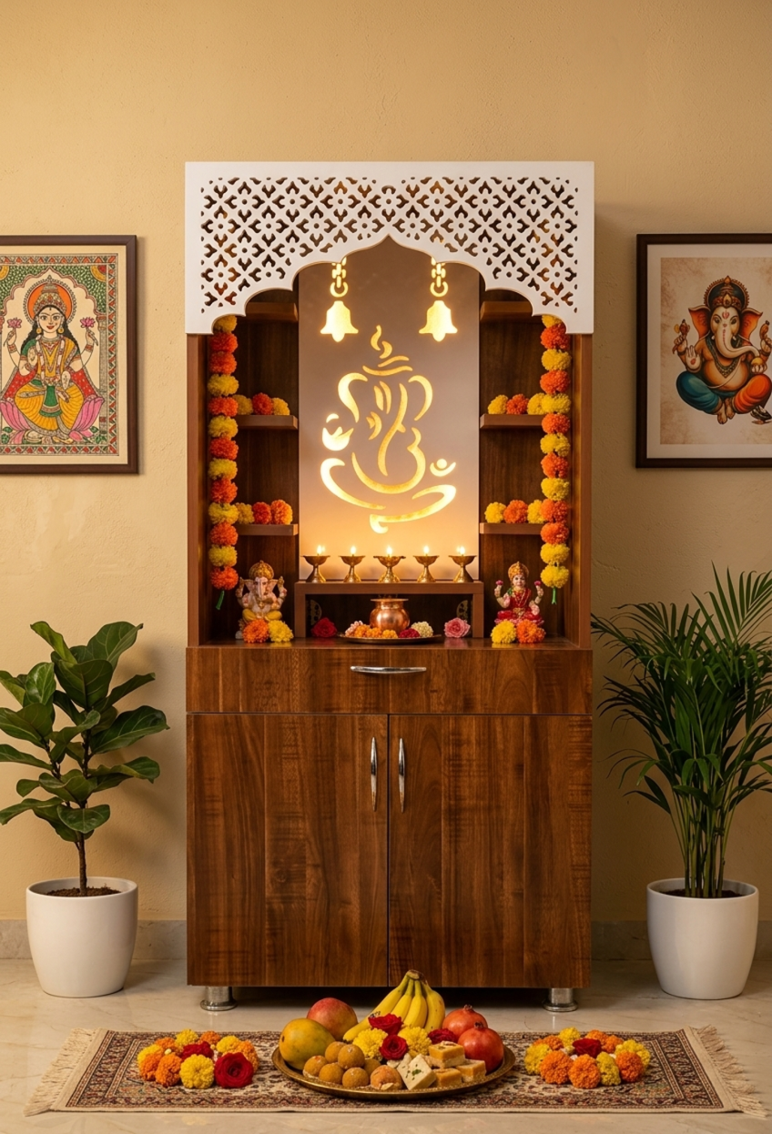 Ganesh LED Wooden Mandir for Home – White & Brown Finish Temple with Storage Cabinet (130x60x34 cm)