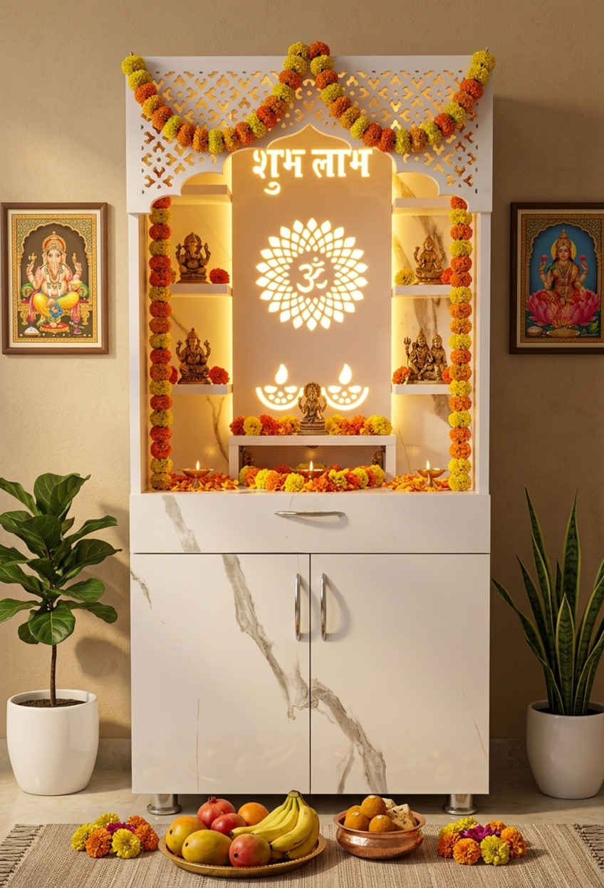 Premium Shubh Labh Wooden Mandir with LED Light – White & Brown Home Temple with Storage (130x60x34 cm)