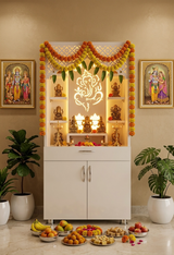 White Wooden Temple for Home with LED Ganesha Design | Modern Pooja Mandir with Storage | 130x60x34 cm | The Mandir Company