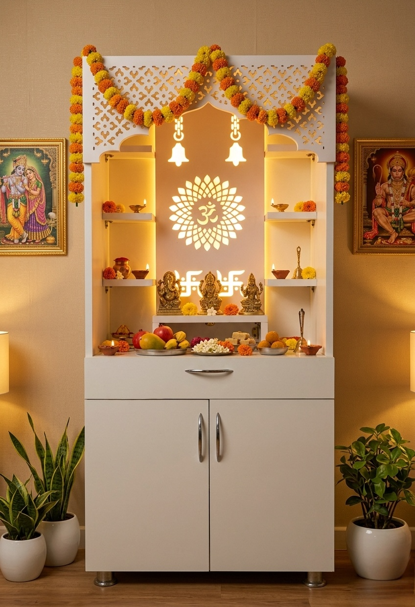 Modern White Wooden Mandir with LED Light – 130x60x34 cm | Home Temple with Storage Drawer & Shelves