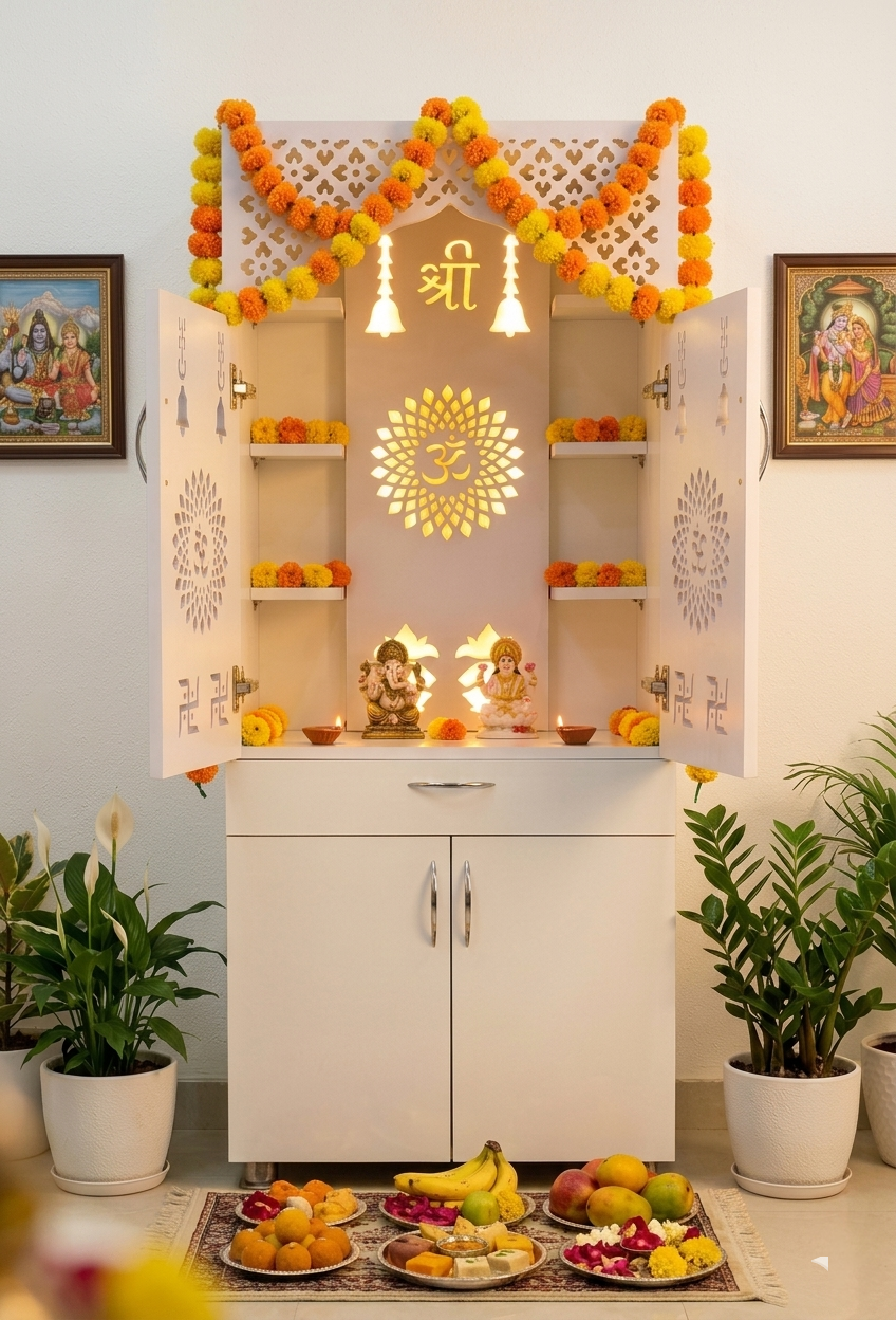 Luxury Wooden Mandir for Home with LED Shree Om Panel & Jaali Design | Modern White Pooja Cabinet with Storage Drawer