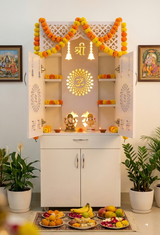 Luxury Wooden Mandir for Home with LED Shree Om Panel & Jaali Design | Modern White Pooja Cabinet with Storage Drawer