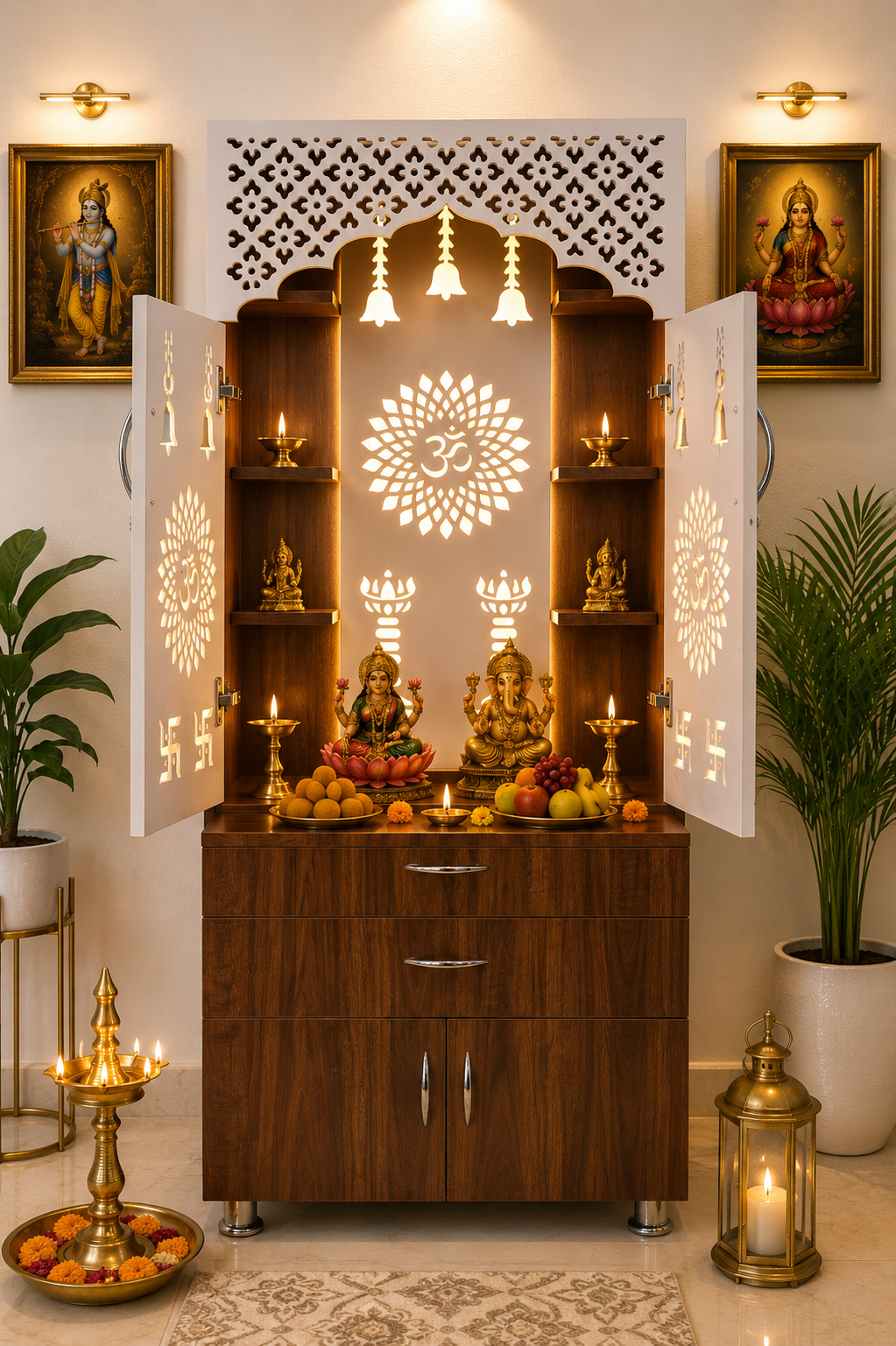 Wooden Home Mandir with LED Light & Storage Drawers – White, Brown & Black Temple Unit (145x60x34 cm) Modern Pooja Cabinet
