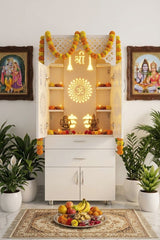Luxury Wooden Mandir for Home with LED Om Panel & Double Drawer Storage | Modern White Pooja Temple Cabinet