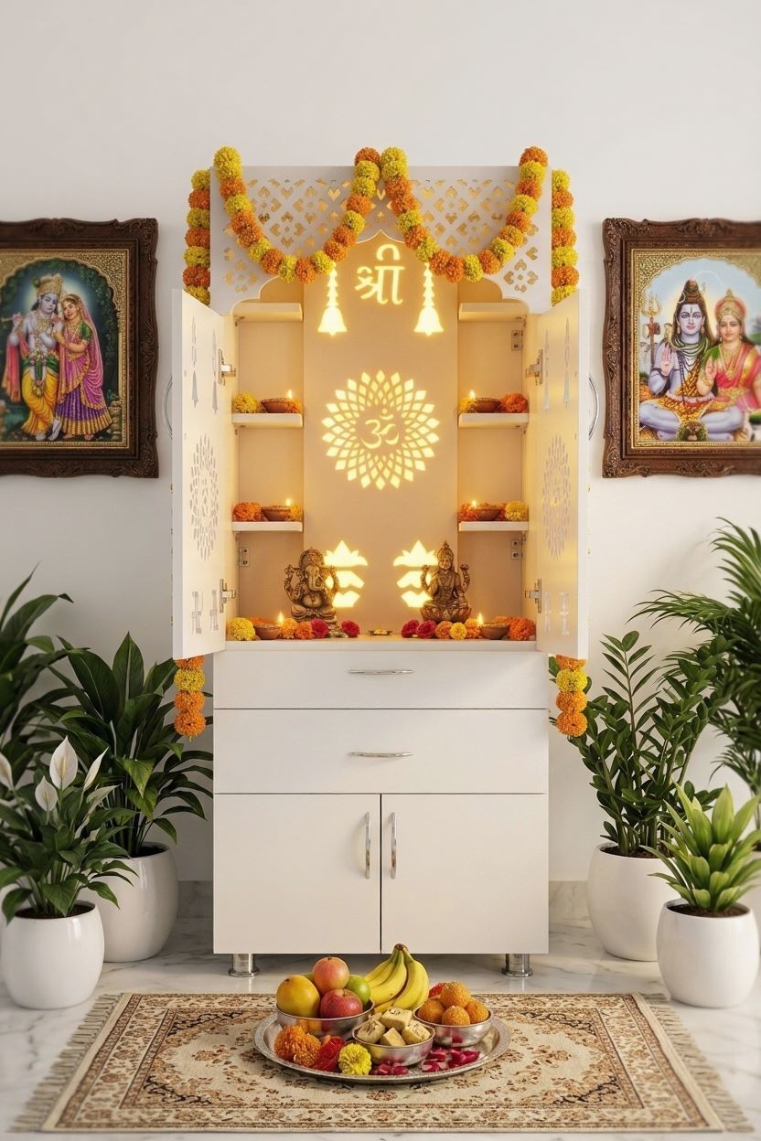 Luxury Wooden Mandir for Home with LED Om Panel & Double Drawer Storage | Modern White Pooja Temple Cabinet