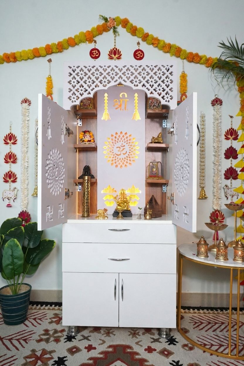 Premium Wooden Mandir for Home with LED Om Panel, Double Drawer & Storage Cabinet | Modern White Pooja Temple Unit