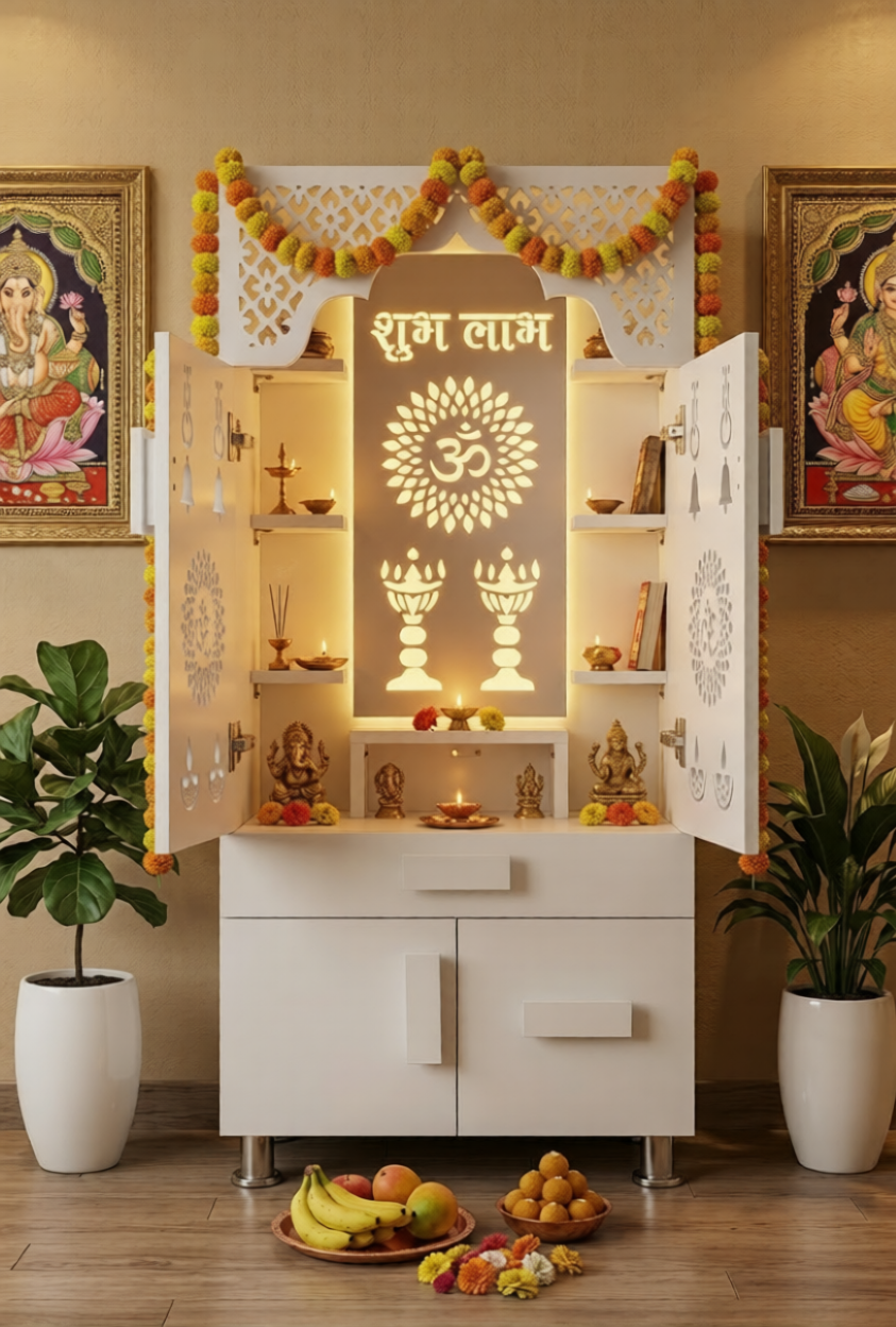 LED Backlit Wooden Mandir with Doors & Drawer Storage | White & Brown Pooja Temple Unit (130x60x34 cm)