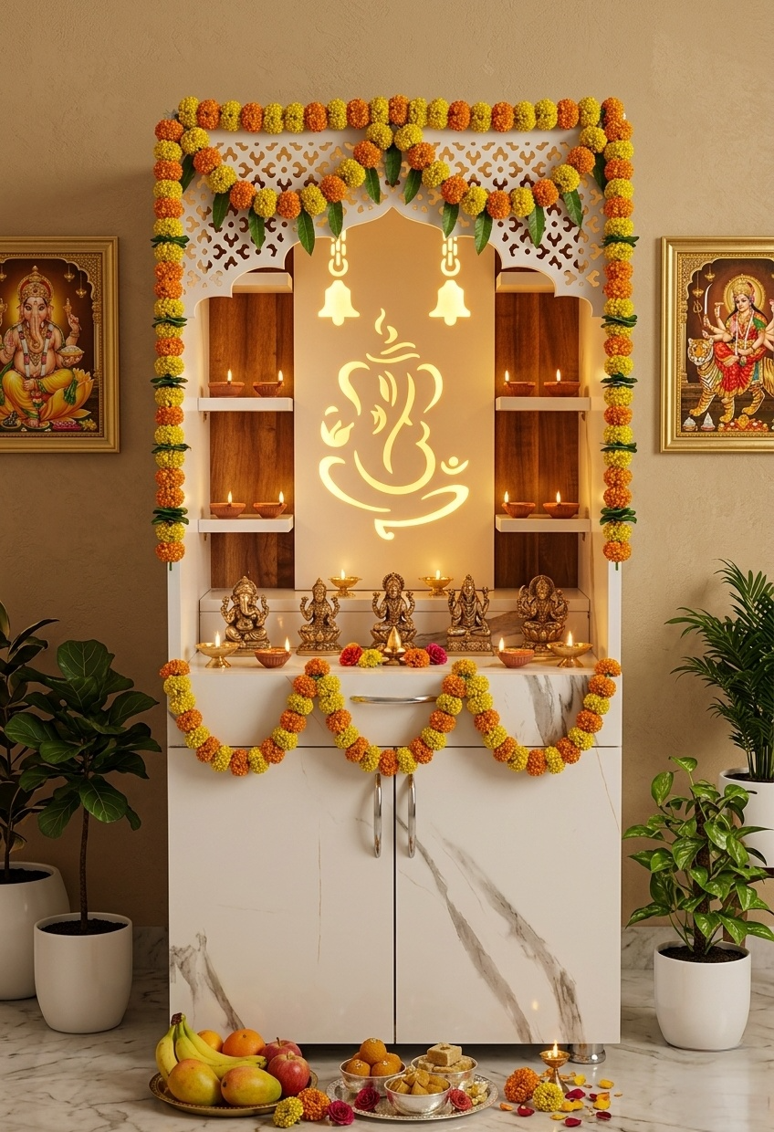 Modern White Marble Finish Mandir with LED Ganesh Design – 130x60x34 cm | Wooden Temple for Home with Storage