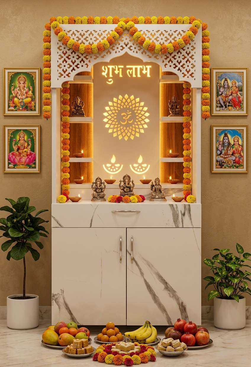 White Marble Finish Mandir with LED Light & Shubh Labh Design – 130x60x34 cm | Modern Wooden Temple for Home with Storage