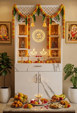 White Marble Finish Wooden Mandir with LED Om Sun Design – 130x60x34 cm | Modern Wooden Temple for Home with Storage
