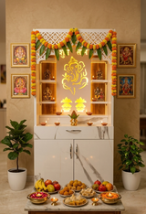Modern Wooden Mandir with LED Back Panel – Ganesh & Shubh Labh Design Home Temple (130 cm Height)