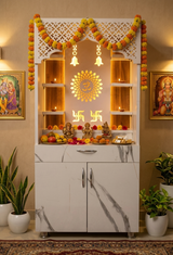 Modern Wooden Temple for Home with Storage | White Marble Finish Mandir with LED Om & Swastik Design – 130x60x34 cm