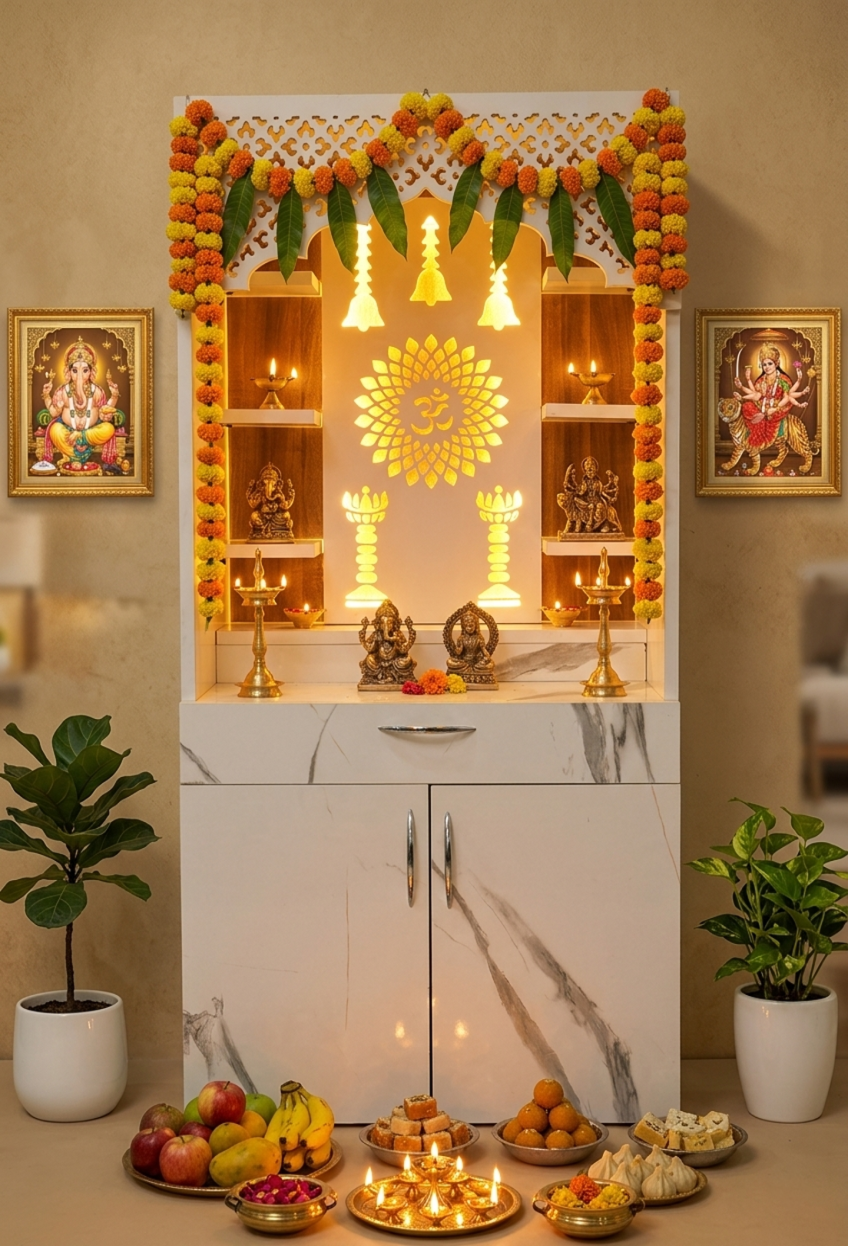 Designer LED Mandir for Home – White Marble Finish Temple with Om & Diya Pillar Design (130x60x34 cm)